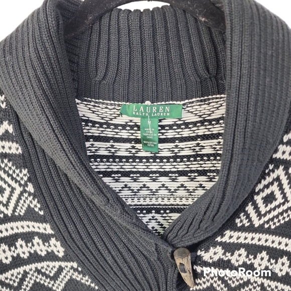 Lauren Ralph Lauren Black Shawl Collar Sweater Women’s Medium Fair Isle - Picture 3 of 5